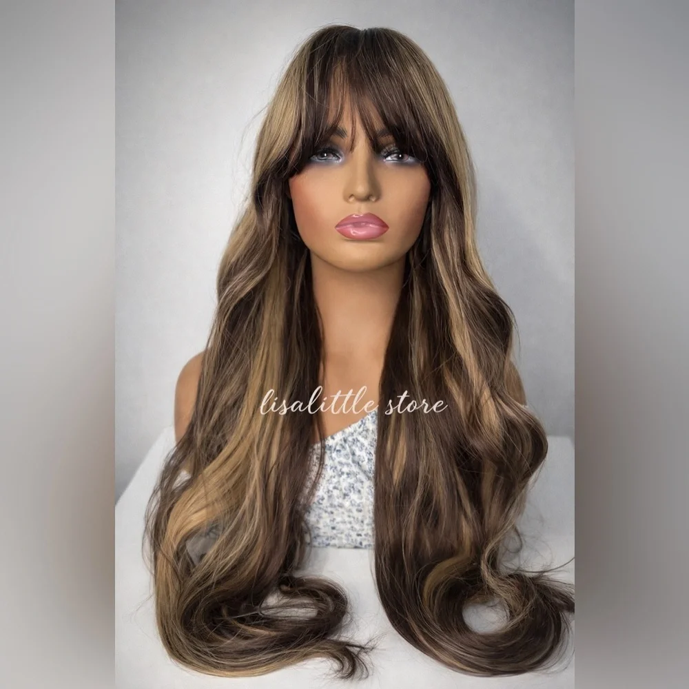 Long Layered Brunette Wig with Honey Blonde Highlights | Soft Waves